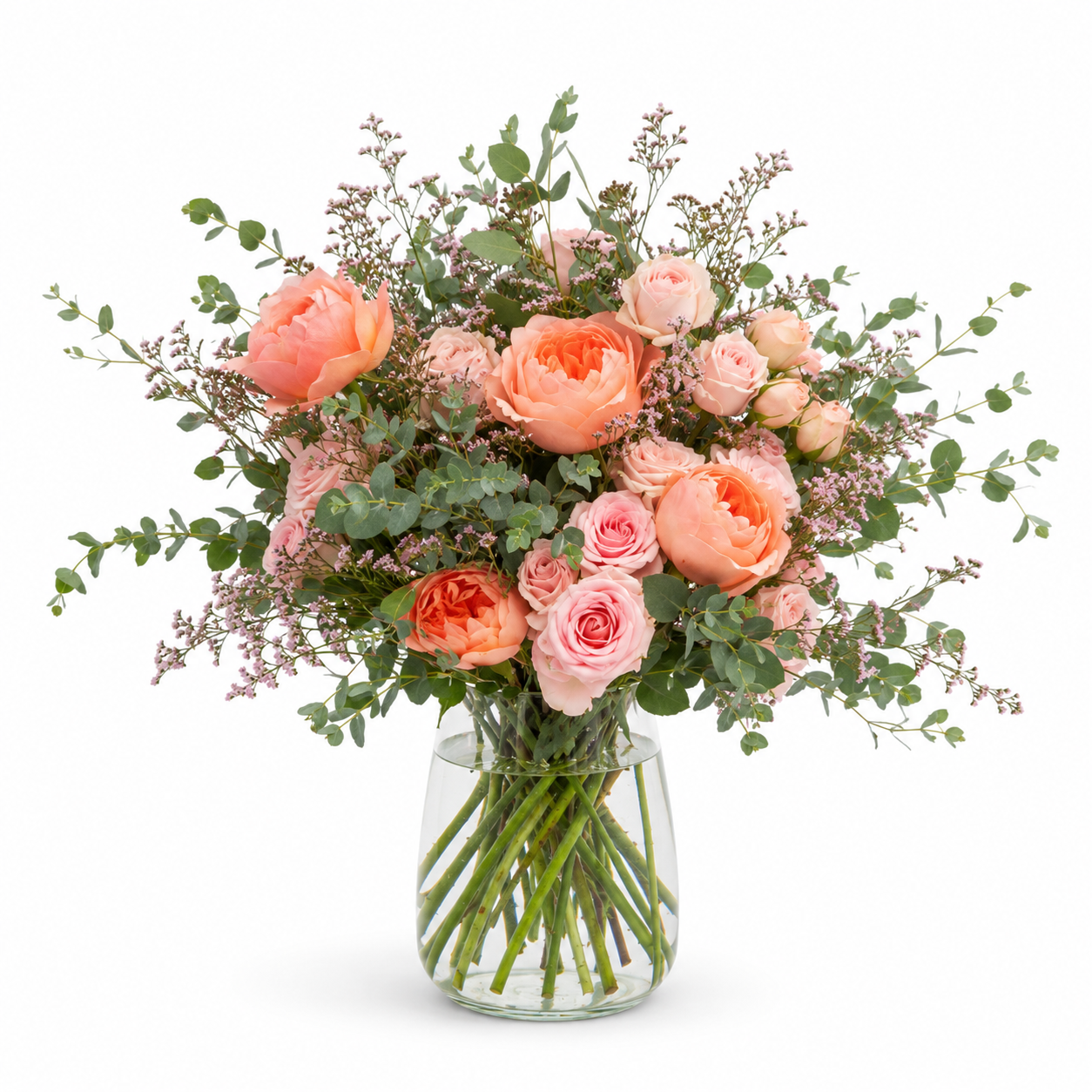 Peach Rose and Eucalyptus Vase Arrangement