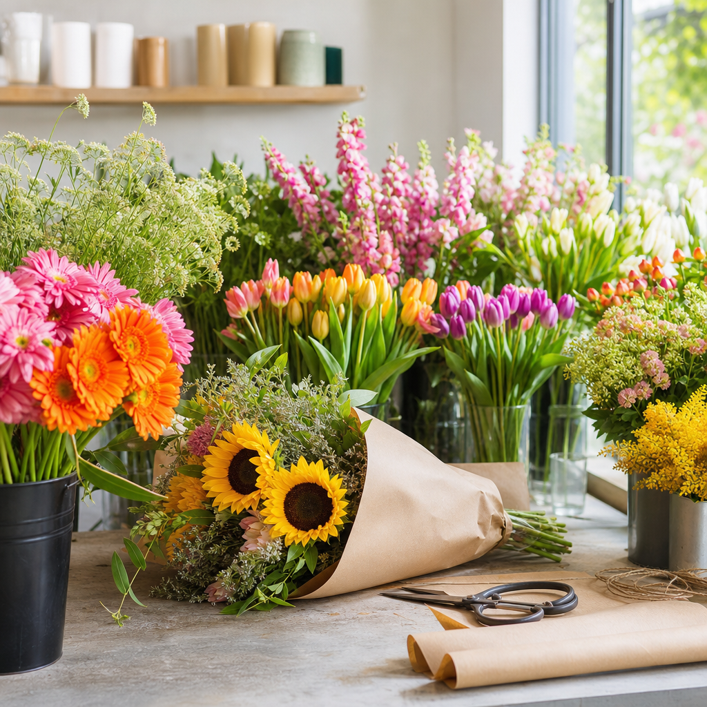 Fresh flowers and greenery arranged on a modern florist workbench